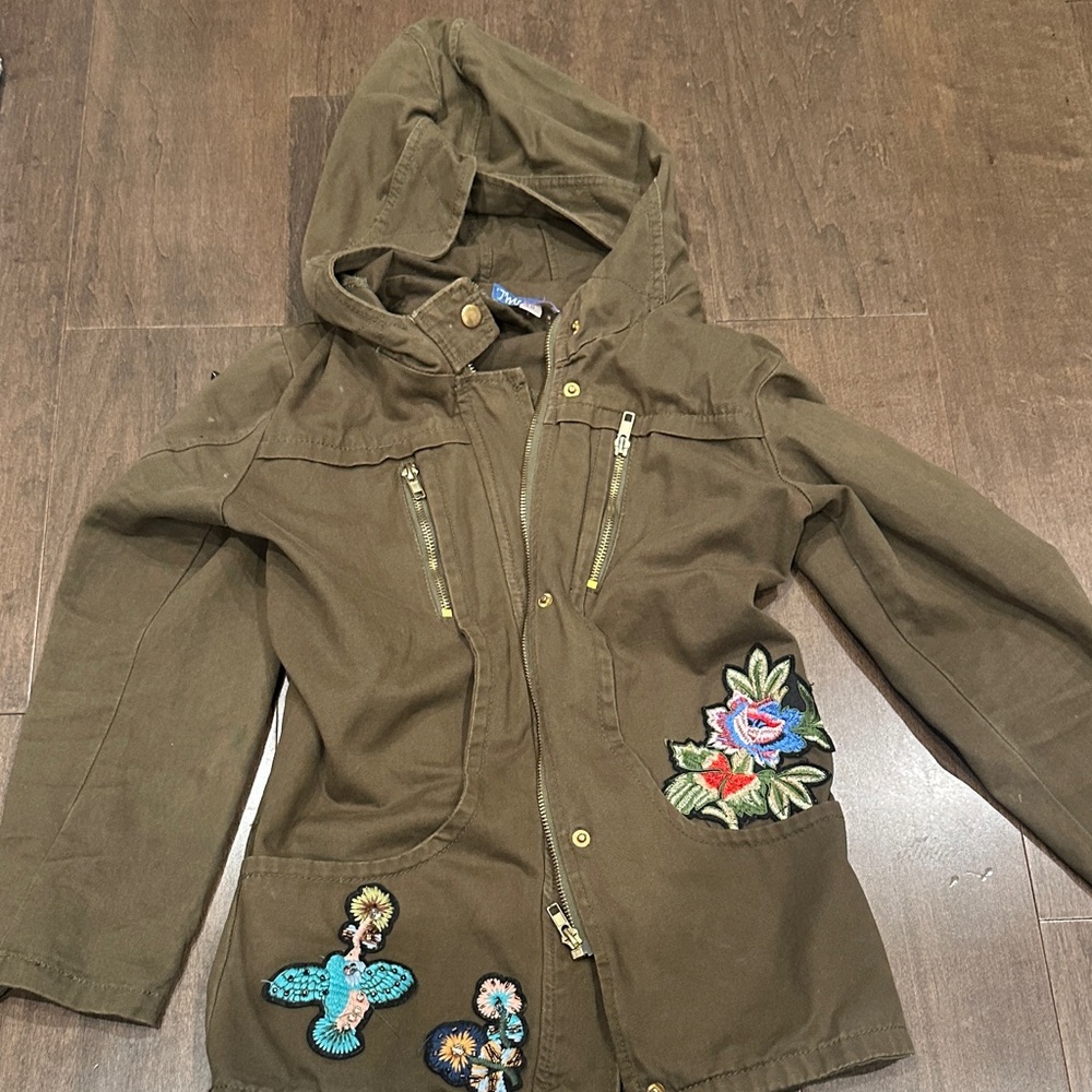 Truly Me Olive Green Kids Raincoat with Embroidery